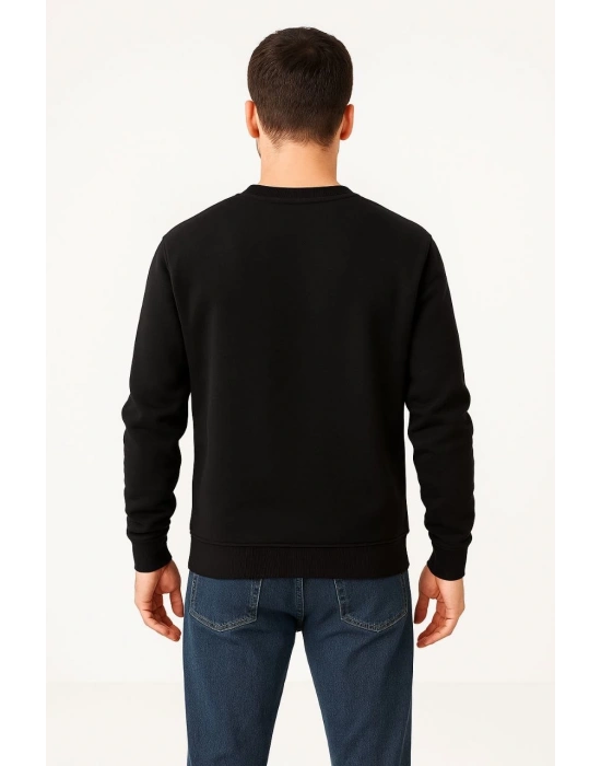 Erkek 3 İplik Pamuklu Düz Bisiklet Yaka SweatShirt - Siyah