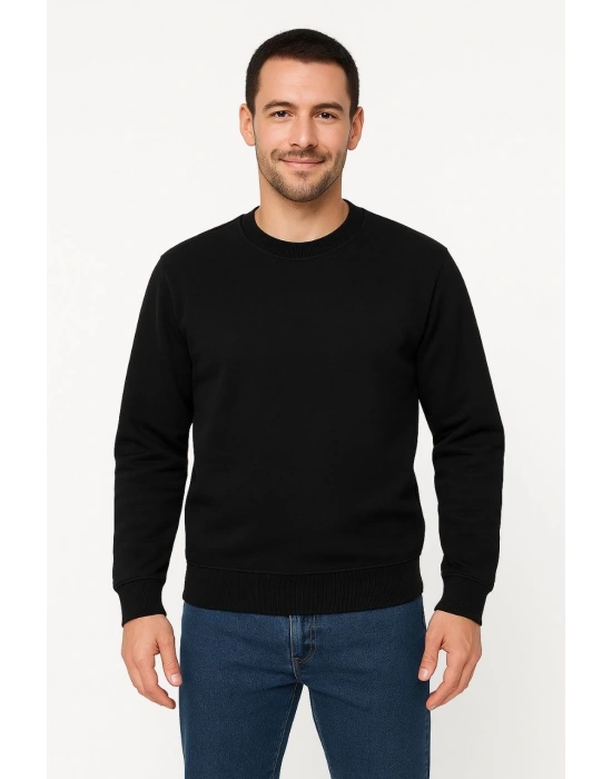 Erkek 3 İplik Pamuklu Düz Bisiklet Yaka SweatShirt - Siyah