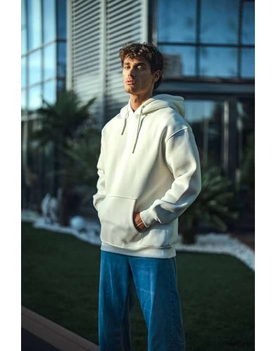 Erkek 3 İplik Pamuklu Kapüşonlu Basic SweatShirt Hoodie - Beyaz