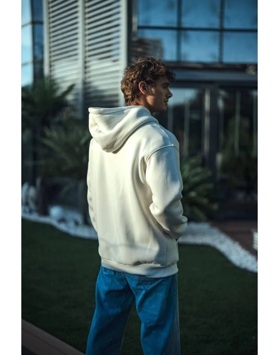 Erkek 3 İplik Pamuklu Kapüşonlu Basic SweatShirt Hoodie - Beyaz