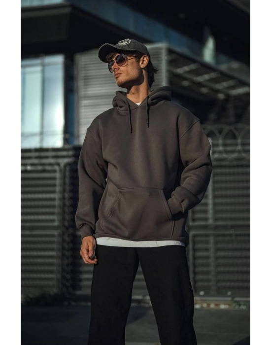 Erkek 3 İplik Pamuklu Kapüşonlu Basic SweatShirt Hoodie - Füme