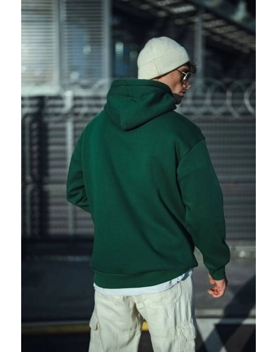 Erkek 3 İplik Pamuklu Kapüşonlu Basic SweatShirt Hoodie - Haki