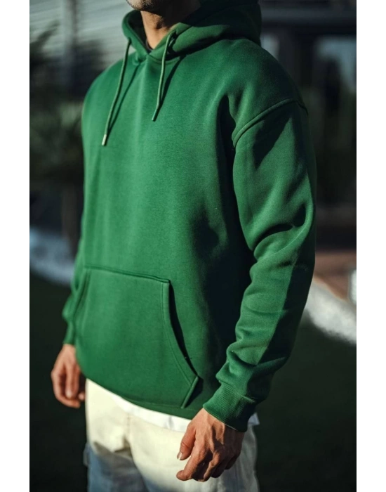 Erkek 3 İplik Pamuklu Kapüşonlu Basic SweatShirt Hoodie - Haki