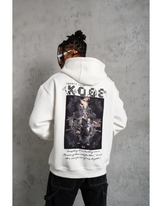 Erkek 3 İplik Pamuklu Kapüşonlu Baskılı Cepli Oversize Sweatshirt Hoodie - Beyaz