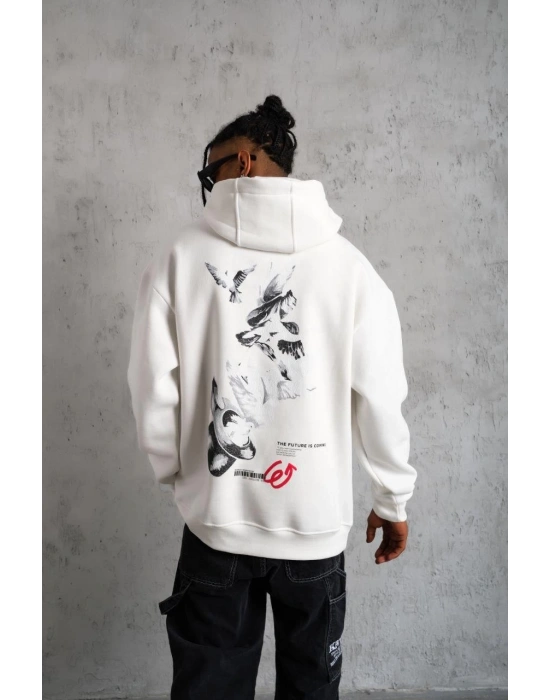 Erkek 3 İplik Pamuklu Kapüşonlu Baskılı Cepli Oversize Sweatshirt Hoodie - Beyaz
