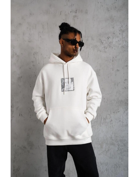 Erkek 3 İplik Pamuklu Kapüşonlu Baskılı Cepli Oversize Sweatshirt Hoodie - Beyaz