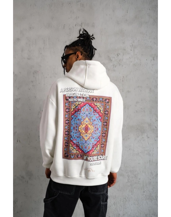 Erkek 3 İplik Pamuklu Kapüşonlu Baskılı Cepli Oversize Sweatshirt Hoodie - Beyaz