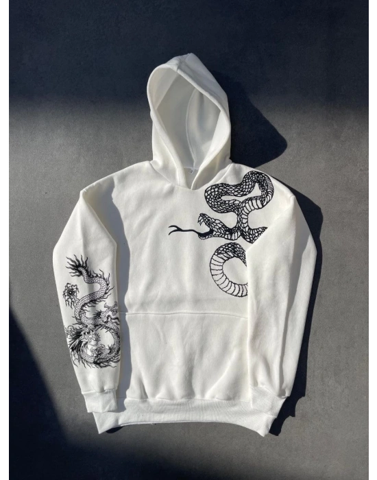 Erkek 3 İplik Pamuklu Kapüşonlu Baskılı Cepli Oversize Sweatshirt Hoodie - Beyaz
