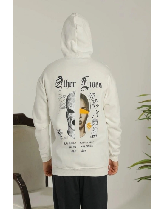 Erkek 3 İplik Pamuklu Kapüşonlu Baskılı Cepli Oversize Sweatshirt Hoodie - Beyaz