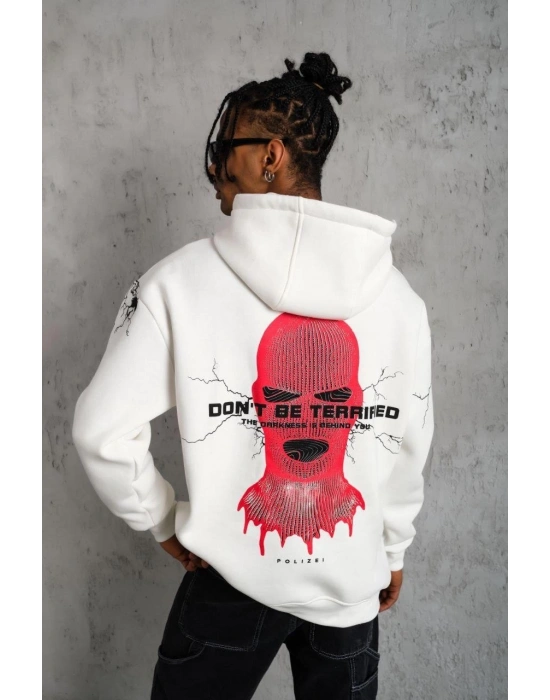 Erkek 3 İplik Pamuklu Kapüşonlu Baskılı Cepli Oversize Sweatshirt Hoodie - Beyaz