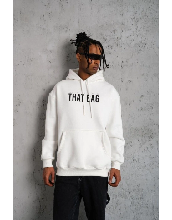 Erkek 3 İplik Pamuklu Kapüşonlu Baskılı Cepli Oversize Sweatshirt Hoodie - Beyaz
