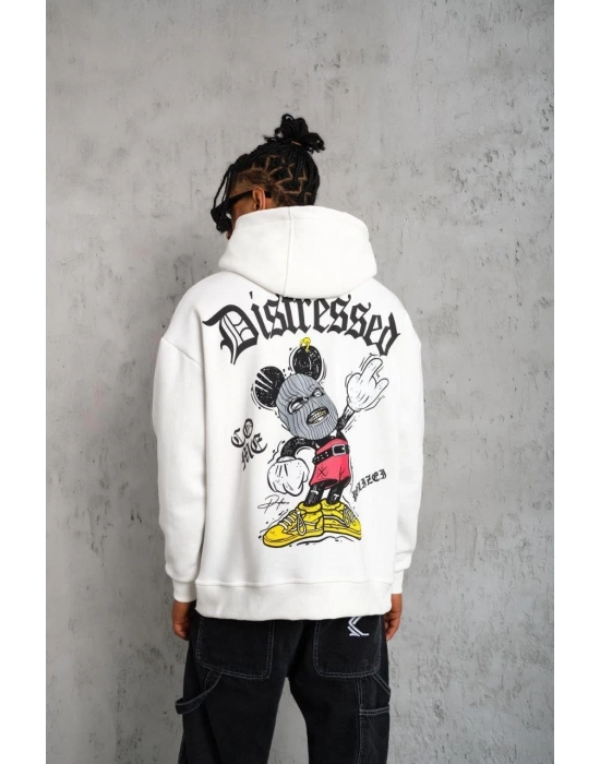 Erkek 3 İplik Pamuklu Kapüşonlu Baskılı Cepli Oversize Sweatshirt Hoodie - Beyaz
