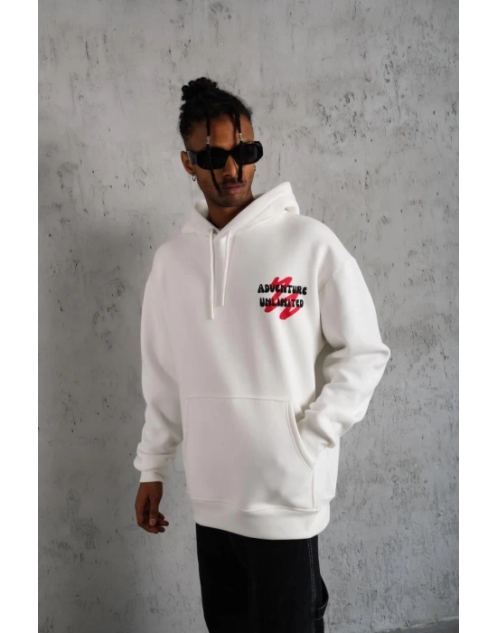 Erkek 3 İplik Pamuklu Kapüşonlu Baskılı Cepli Oversize Sweatshirt Hoodie - Beyaz