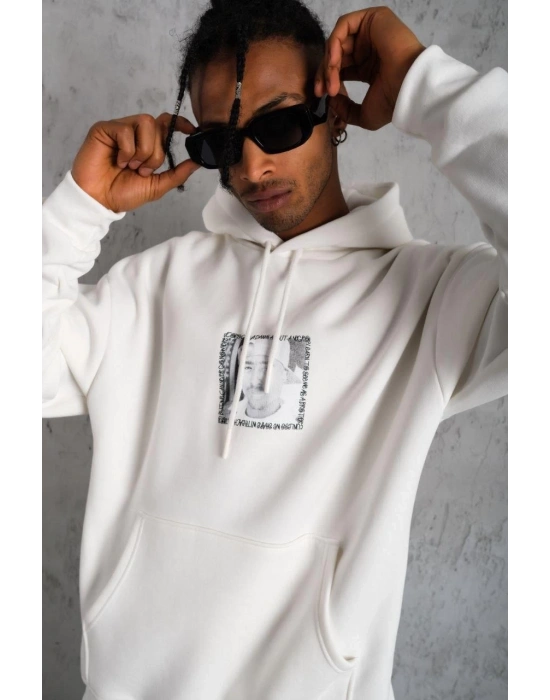 Erkek 3 İplik Pamuklu Kapüşonlu Baskılı Cepli Oversize Sweatshirt Hoodie - Beyaz