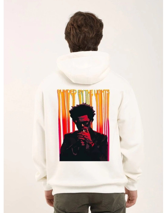 Erkek 3 İplik Pamuklu Kapüşonlu Baskılı Cepli Oversize Sweatshirt Hoodie - Beyaz