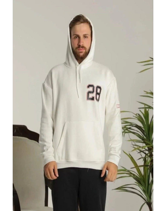 Erkek 3 İplik Pamuklu Kapüşonlu Baskılı Cepli Oversize Sweatshirt Hoodie - Beyaz