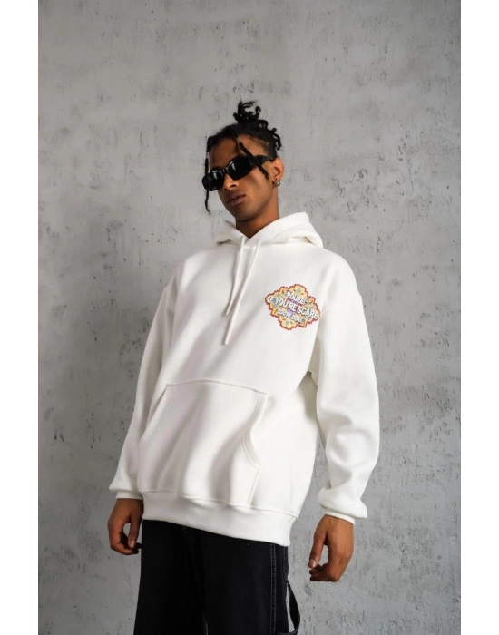 Erkek 3 İplik Pamuklu Kapüşonlu Baskılı Cepli Oversize Sweatshirt Hoodie - Beyaz