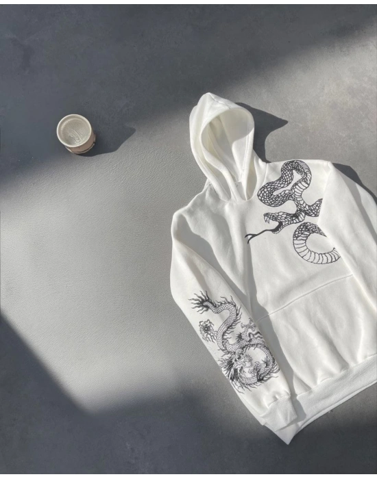 Erkek 3 İplik Pamuklu Kapüşonlu Baskılı Cepli Oversize Sweatshirt Hoodie - Beyaz