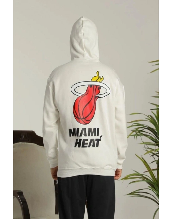 Erkek 3 İplik Pamuklu Kapüşonlu Baskılı Cepli Oversize Sweatshirt Hoodie - Beyaz