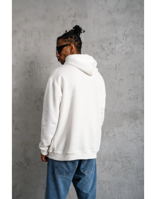 Erkek 3 İplik Pamuklu Kapüşonlu Baskılı Cepli Oversize Sweatshirt Hoodie - Beyaz