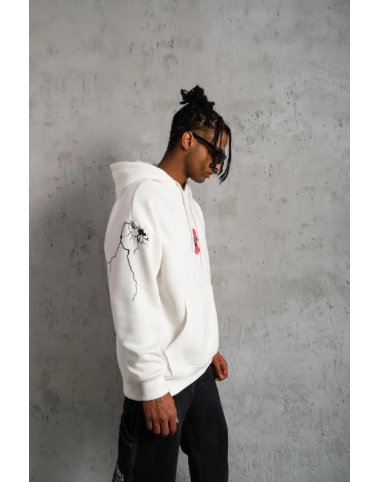 Erkek 3 İplik Pamuklu Kapüşonlu Baskılı Cepli Oversize Sweatshirt Hoodie - Beyaz
