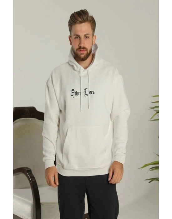 Erkek 3 İplik Pamuklu Kapüşonlu Baskılı Cepli Oversize Sweatshirt Hoodie - Beyaz