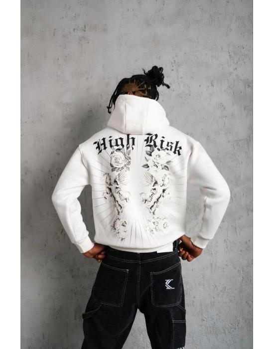 Erkek 3 İplik Pamuklu Kapüşonlu Baskılı Cepli Oversize Sweatshirt Hoodie - Beyaz