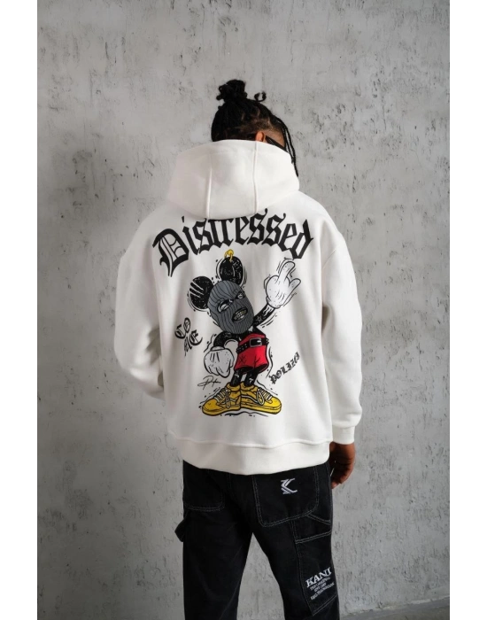 Erkek 3 İplik Pamuklu Kapüşonlu Baskılı Cepli Oversize Sweatshirt Hoodie - Beyaz
