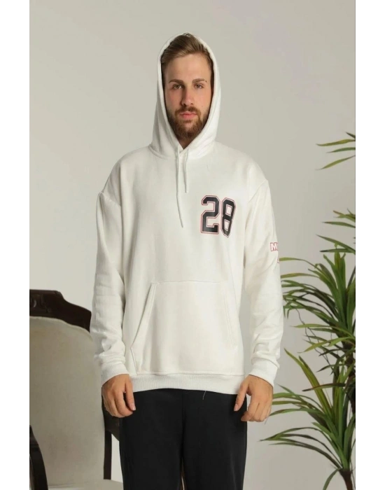 Erkek 3 İplik Pamuklu Kapüşonlu Baskılı Cepli Oversize Sweatshirt Hoodie - Beyaz