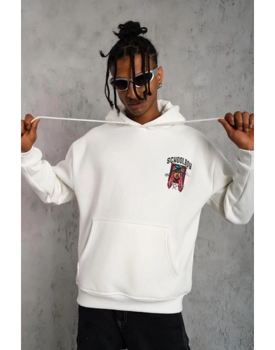 Erkek 3 İplik Pamuklu Kapüşonlu Baskılı Cepli Oversize Sweatshirt Hoodie - Beyaz