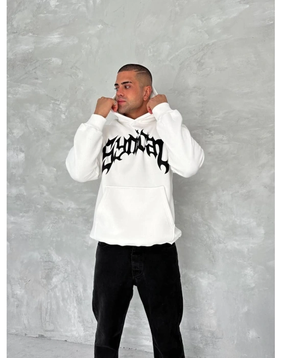 Erkek 3 İplik Pamuklu Kapüşonlu Baskılı Cepli Oversize Sweatshirt Hoodie - Beyaz