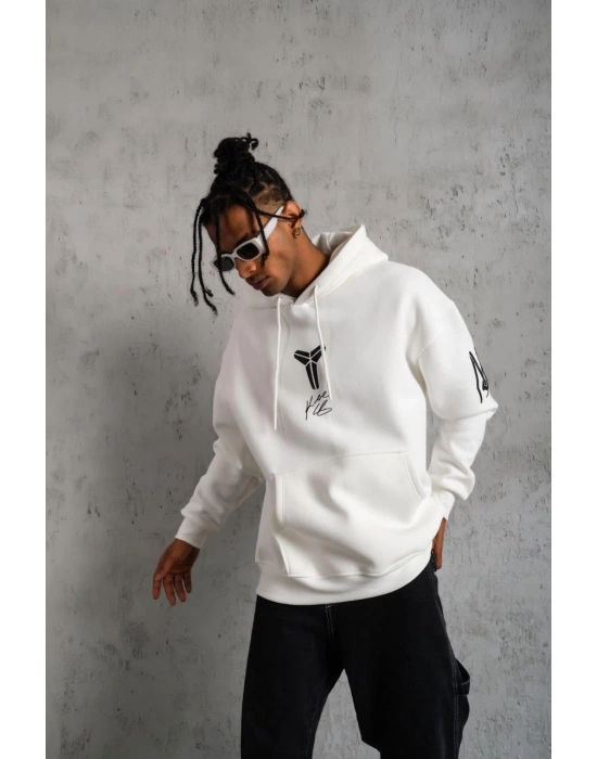 Erkek 3 İplik Pamuklu Kapüşonlu Baskılı Cepli Oversize Sweatshirt Hoodie - Beyaz