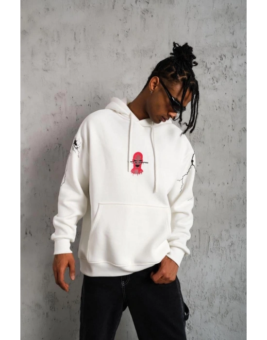 Erkek 3 İplik Pamuklu Kapüşonlu Baskılı Cepli Oversize Sweatshirt Hoodie - Beyaz