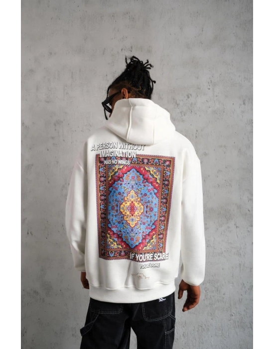 Erkek 3 İplik Pamuklu Kapüşonlu Baskılı Cepli Oversize Sweatshirt Hoodie - Beyaz