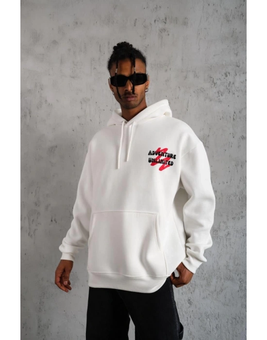 Erkek 3 İplik Pamuklu Kapüşonlu Baskılı Cepli Oversize Sweatshirt Hoodie - Beyaz