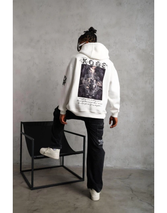 Erkek 3 İplik Pamuklu Kapüşonlu Baskılı Cepli Oversize Sweatshirt Hoodie - Beyaz