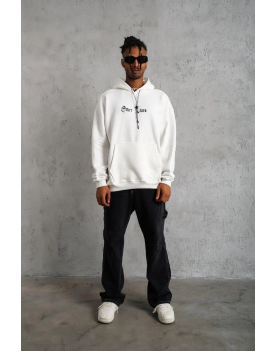 Erkek 3 İplik Pamuklu Kapüşonlu Baskılı Cepli Oversize Sweatshirt Hoodie - Beyaz