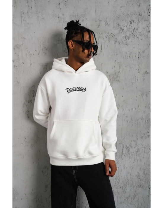 Erkek 3 İplik Pamuklu Kapüşonlu Baskılı Cepli Oversize Sweatshirt Hoodie - Beyaz