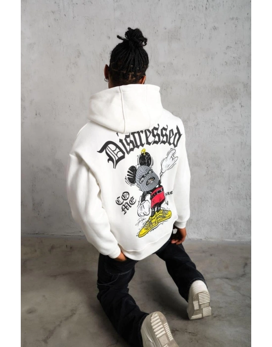 Erkek 3 İplik Pamuklu Kapüşonlu Baskılı Cepli Oversize Sweatshirt Hoodie - Beyaz