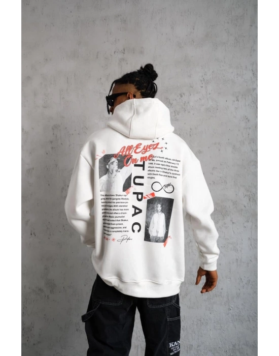 Erkek 3 İplik Pamuklu Kapüşonlu Baskılı Cepli Oversize Sweatshirt Hoodie - Beyaz