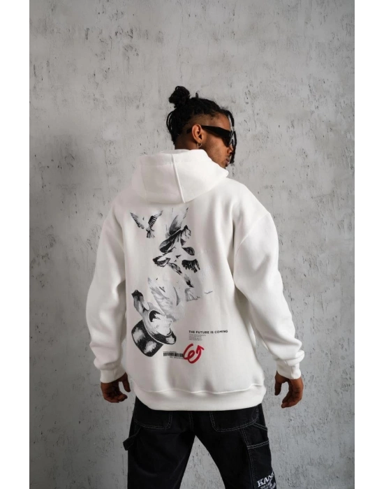 Erkek 3 İplik Pamuklu Kapüşonlu Baskılı Cepli Oversize Sweatshirt Hoodie - Beyaz