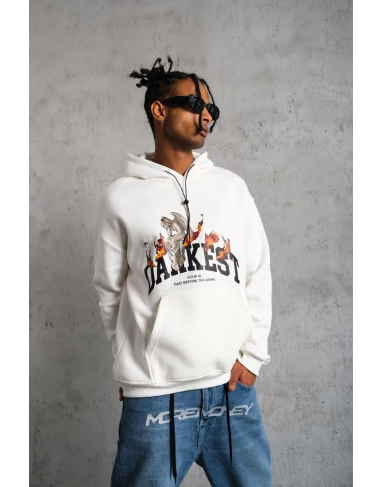 Erkek 3 İplik Pamuklu Kapüşonlu Baskılı Cepli Oversize Sweatshirt Hoodie - Beyaz