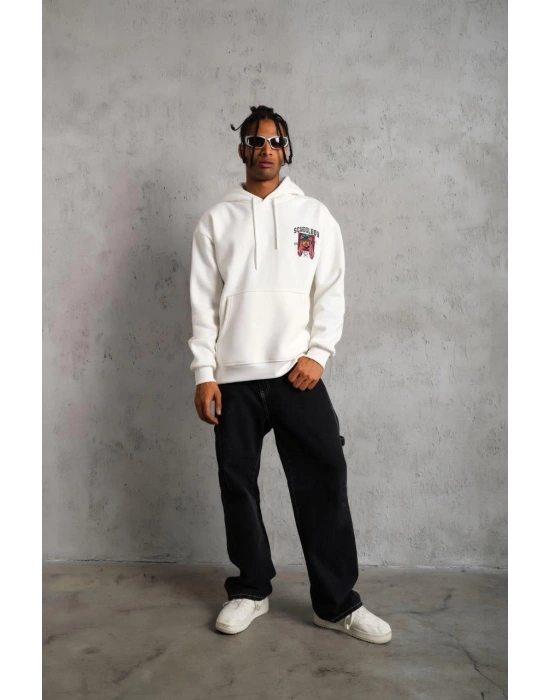Erkek 3 İplik Pamuklu Kapüşonlu Baskılı Cepli Oversize Sweatshirt Hoodie - Beyaz