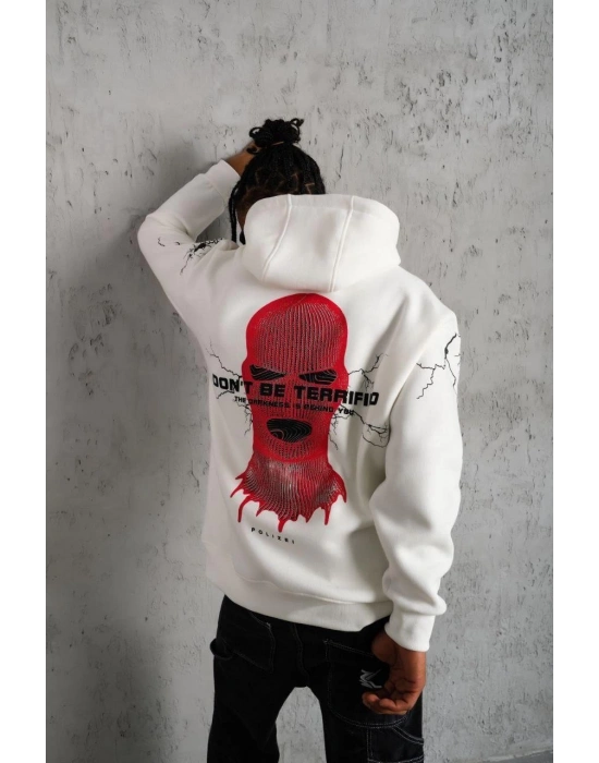 Erkek 3 İplik Pamuklu Kapüşonlu Baskılı Cepli Oversize Sweatshirt Hoodie - Beyaz