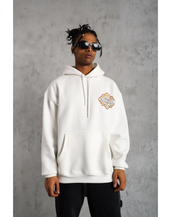 Erkek 3 İplik Pamuklu Kapüşonlu Baskılı Cepli Oversize Sweatshirt Hoodie - Beyaz