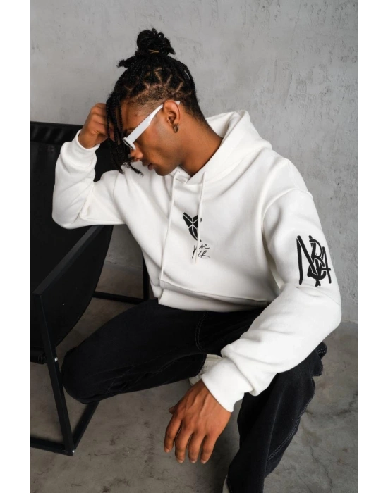 Erkek 3 İplik Pamuklu Kapüşonlu Baskılı Cepli Oversize Sweatshirt Hoodie - Beyaz