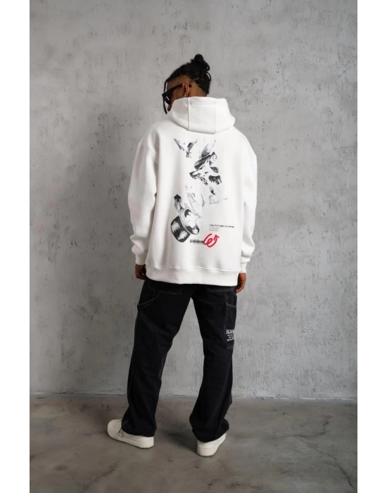 Erkek 3 İplik Pamuklu Kapüşonlu Baskılı Cepli Oversize Sweatshirt Hoodie - Beyaz