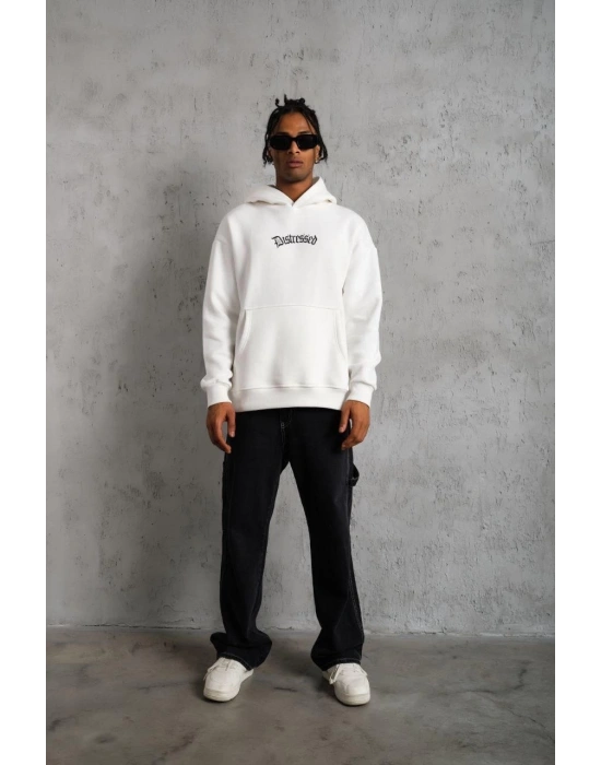 Erkek 3 İplik Pamuklu Kapüşonlu Baskılı Cepli Oversize Sweatshirt Hoodie - Beyaz