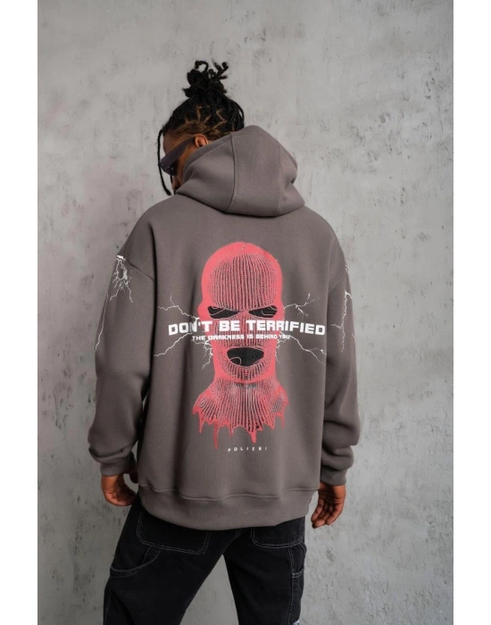 Erkek 3 İplik Pamuklu Kapüşonlu Baskılı Cepli Oversize Sweatshirt Hoodie - Gri