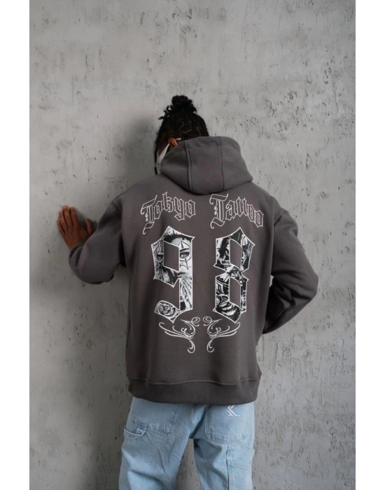 Erkek 3 İplik Pamuklu Kapüşonlu Baskılı Cepli Oversize Sweatshirt Hoodie - Gri